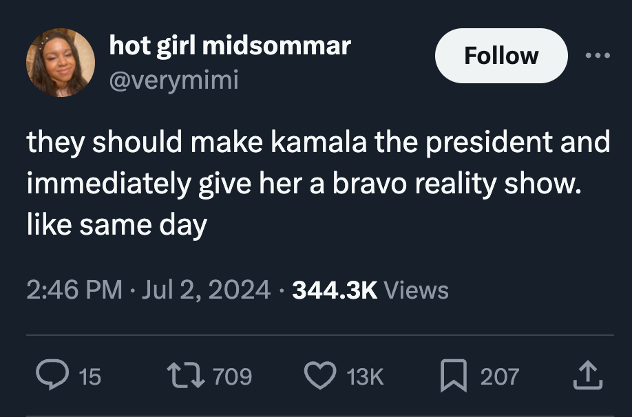 screenshot - hot girl midsommar they should make kamala the president and immediately give her a bravo reality show. same day Views Q15 207